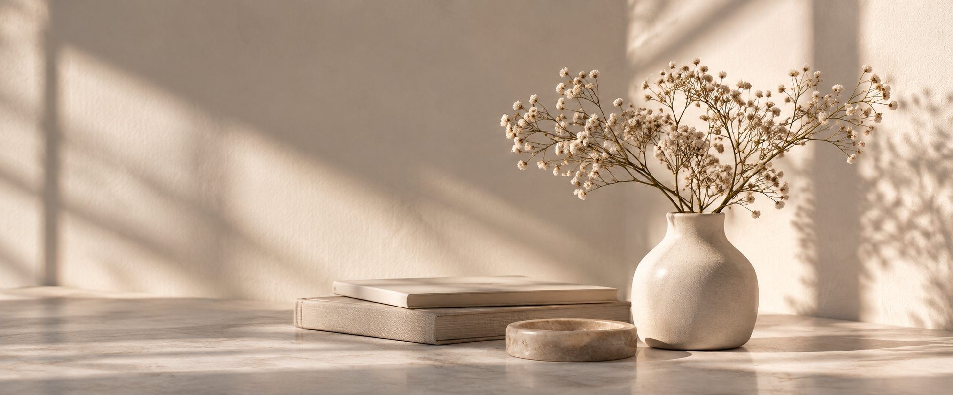 Flowers and books in warm sunlight