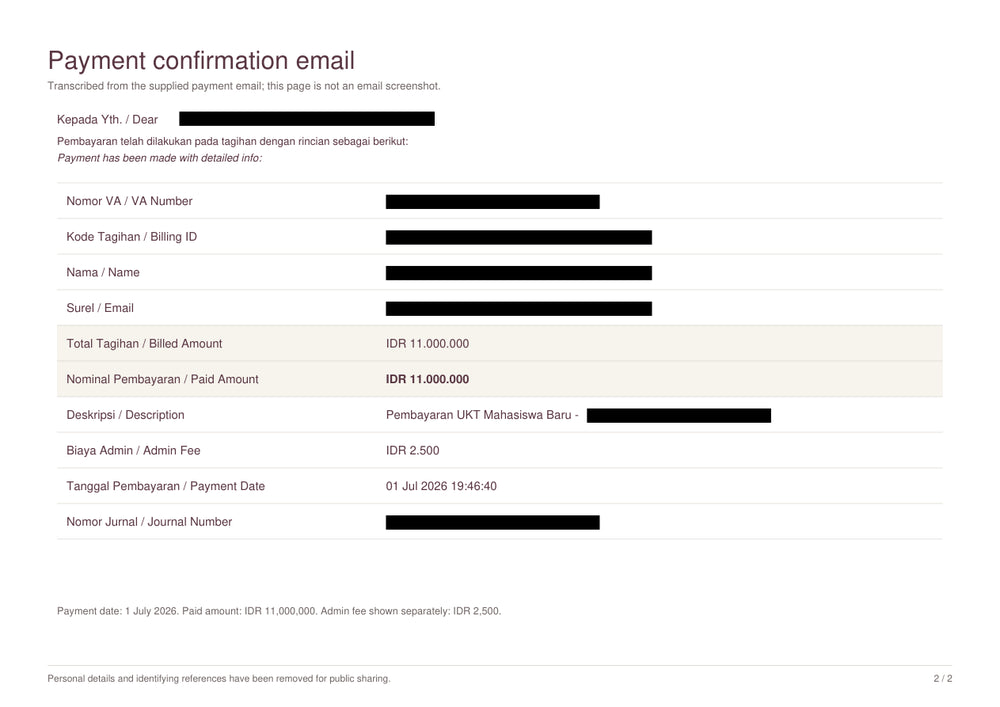 Redacted transcription of the payment confirmation email