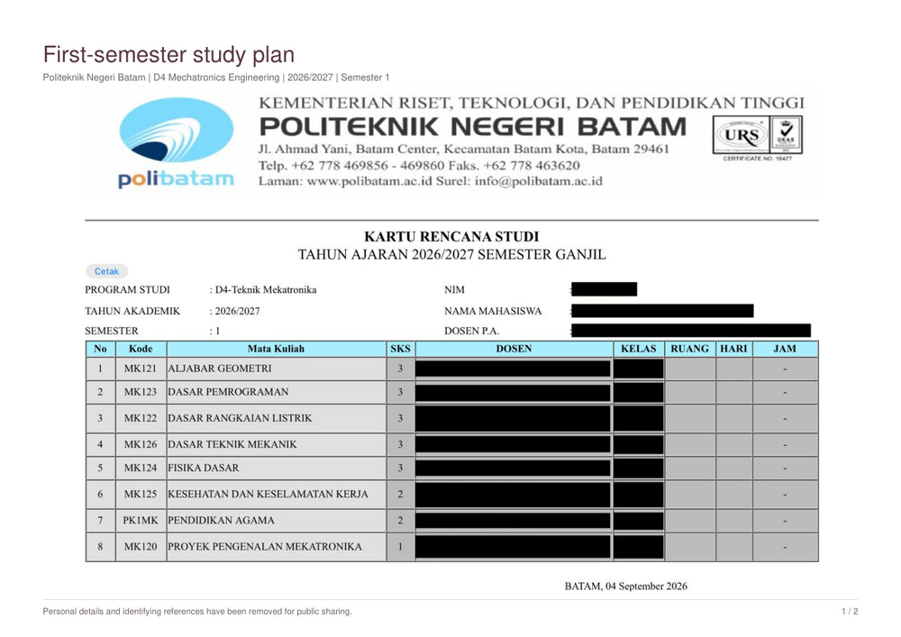 Redacted first-semester study plan from Politeknik Negeri Batam