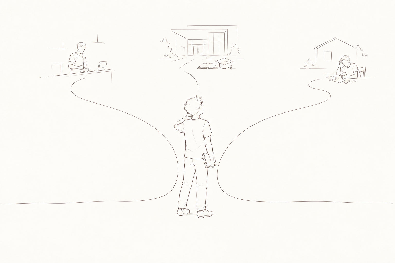 Fine-line sketch of a young person uncertain which of three paths to take: work, higher education or financial hardship.