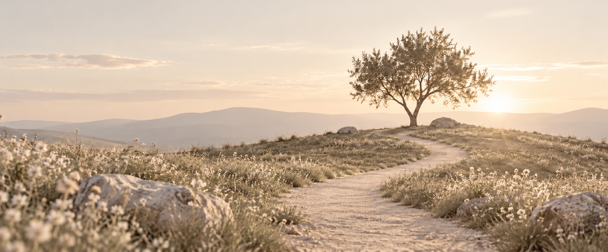 A pale winding path through small flowers toward a tree in soft sunlight