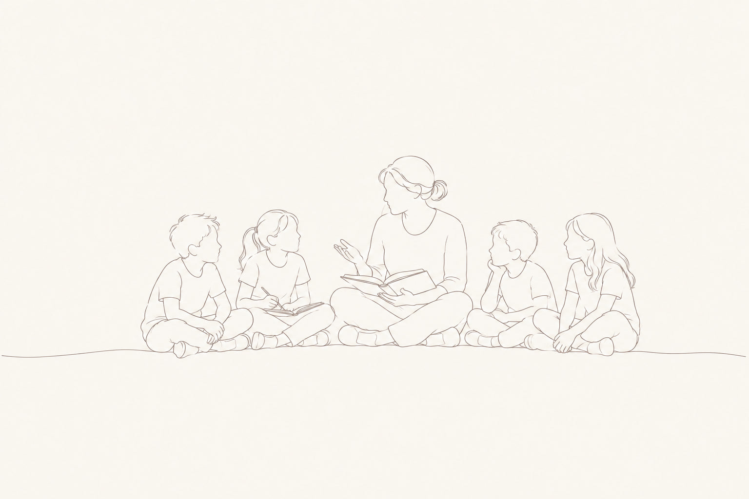 Fine-line sketch of a teacher and four children sitting on the floor and learning together.